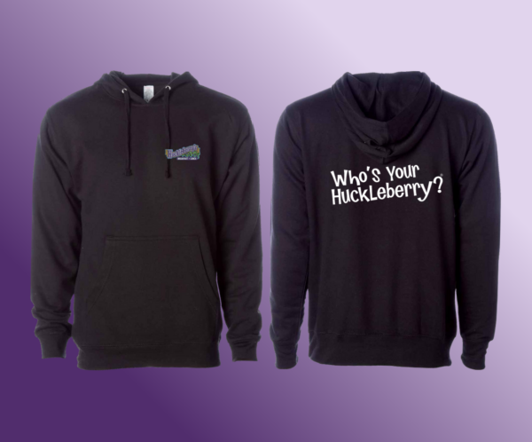 Huckleberry Zip-up Jacket Hoodie with a Huckleberry logo on the front and the slogan Who's Your Huckleberry? on the back.