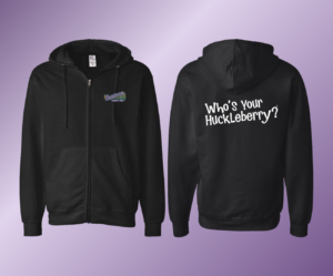 Huckleberry Zip-up Jacket Hoodie with a Huckleberry logo on the front and the slogan Who's Your Huckleberry? on the back.